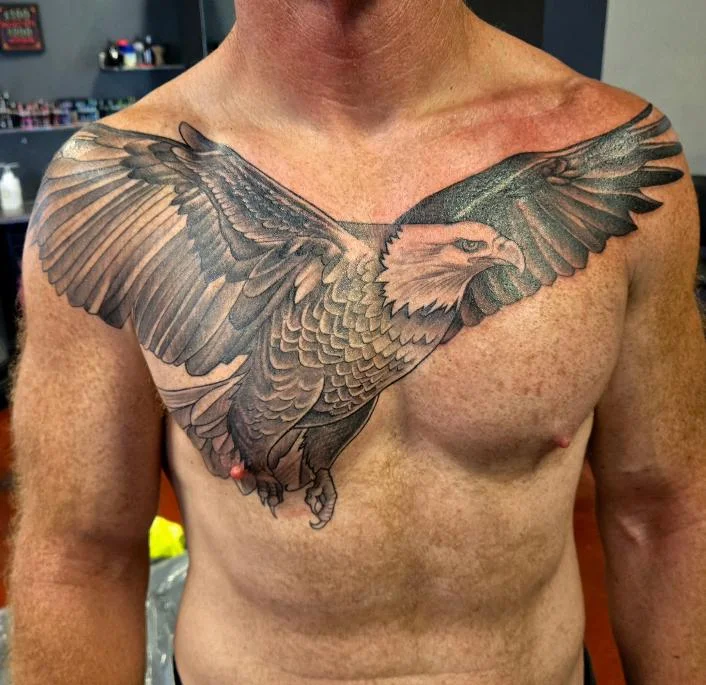 Eagle chest cover-up tattoo by Aaron Sangenitto at Tattooz Ink in Redding, California